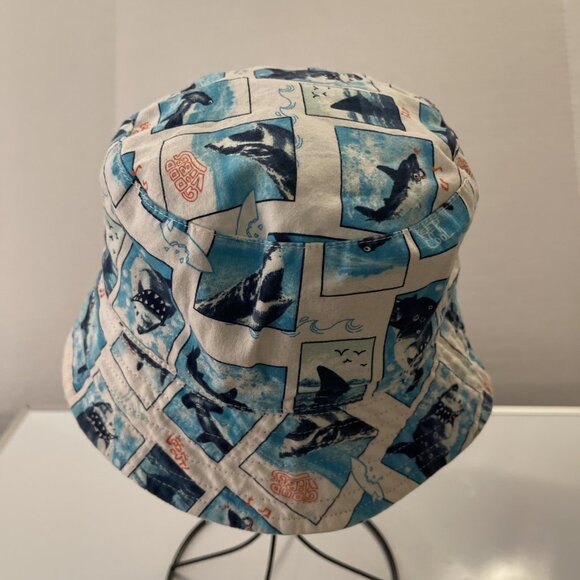 Boys Reversible Shark All Over Print Bucket Hat In Blue White Good Vibes Lookout - Picture 4 of 10